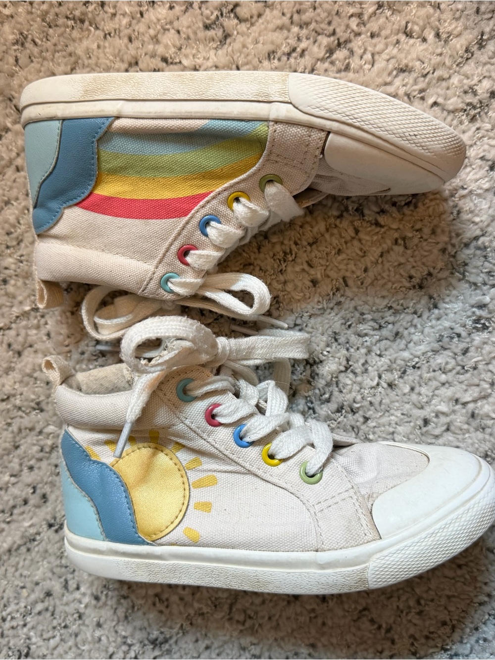 Cat & Jack White High-Top Sneakers with Rainbow Stripes and Yellow Sun size 10